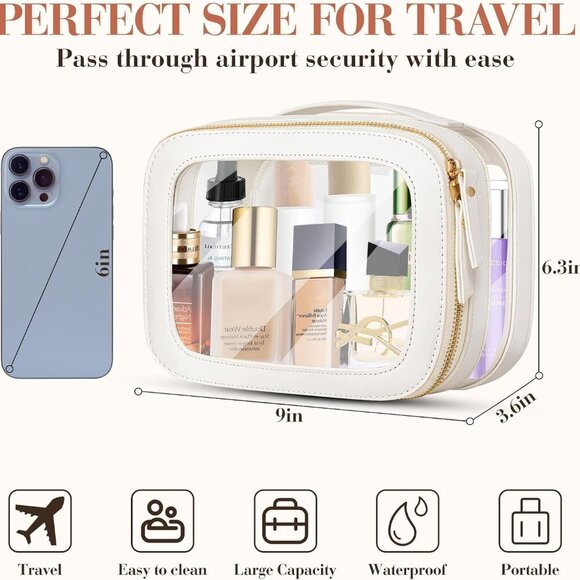 Clear Makeup Bag for Women - Waterproof Travel Toiletry Bag, Transparent Leather - Picture 2 of 7